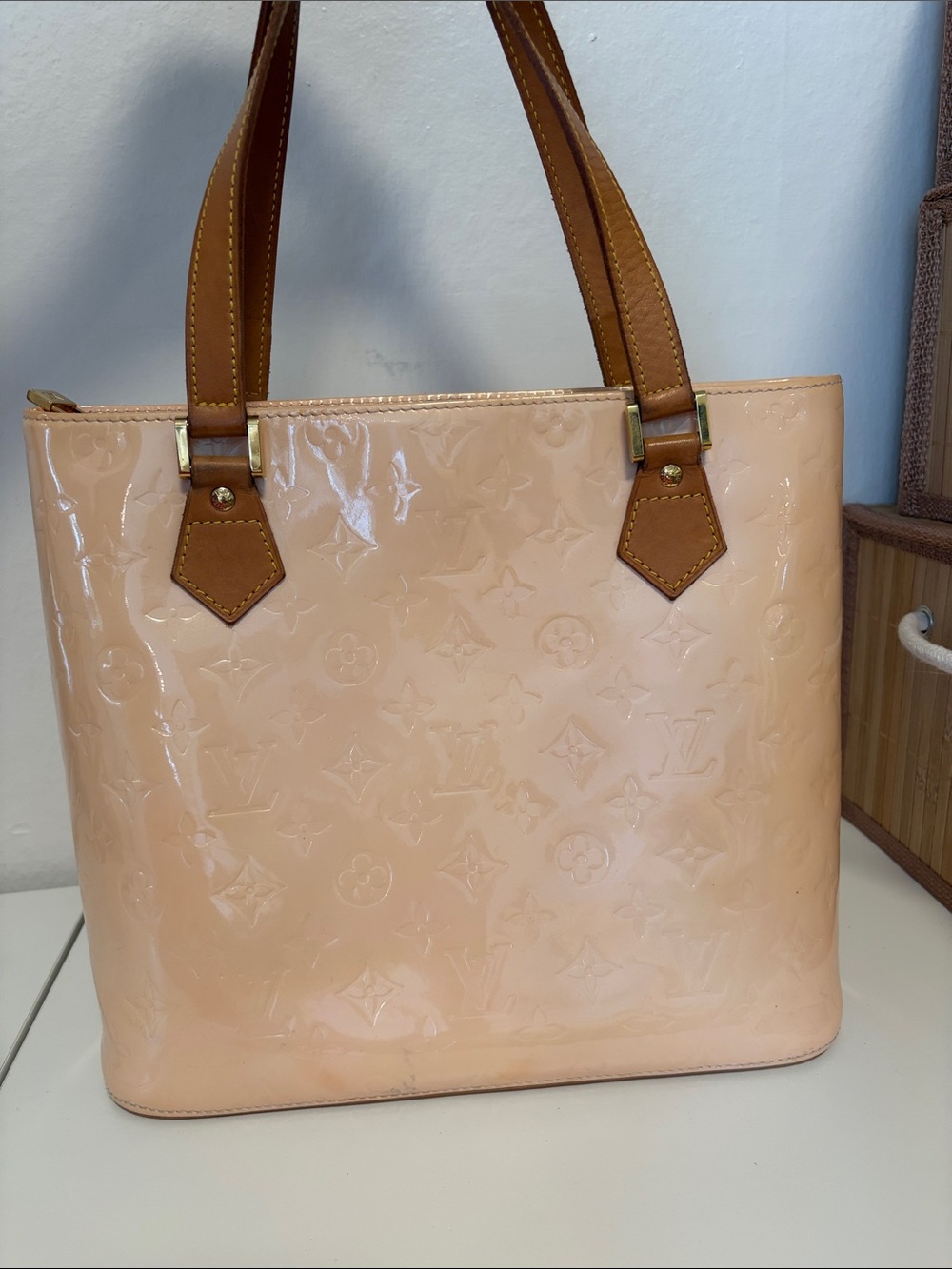 Louis Vuitton Monogram Vernis Houston Tote Bag Pale Pink Cream Patent Leather